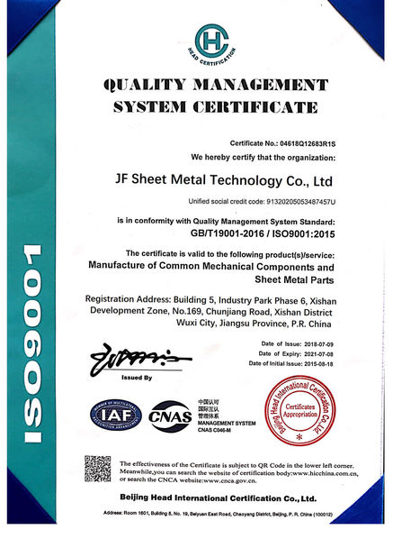China JF Sheet Metal Technology Co.,Ltd Certificações